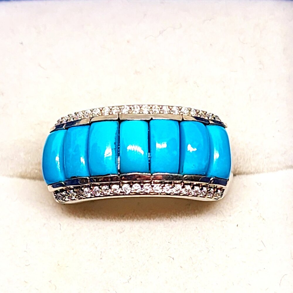 Sleeping Beauty Turquoise & Moissanite ring in Rhodium over 925SS 3.20cts sz 7